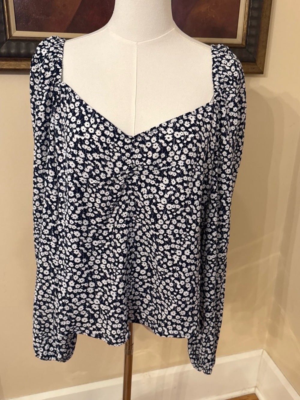 Boden Navy and White Floral Square-Neck Blouse